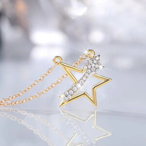 🌸Crystal Clear Micro Pave Hollow 14K Gold Plated Star Pendant Necklace,MARR9009